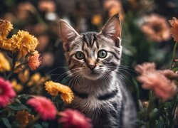 Bury kotek wśród kwiatów