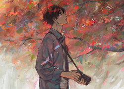 Anime, Chłopak, Aparat fotograficzny, Profil, Spojrzenie, Jesień, Drzewo