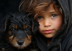 Chłopiec w szarej bluzie z kapturem z psem