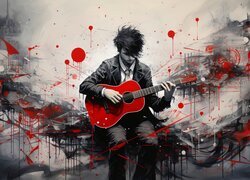 Chłopiec z czerwoną gitarą w grafice