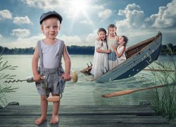 Chłopiec z wiertarką na pomoście i dziewczynki w tonącej łódce