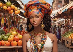 Afrykańska, Dziewczyna, Biżuteria, Turban, Rynek, Owoce, Jabłka, Winogrona