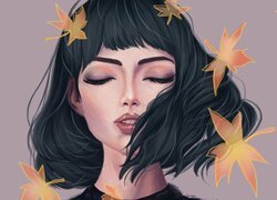 Dziewczyna, Zamknięte, Oczy, Liście, Grafika