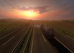 Gra, Euro Truck Simulator 2, ETS 2, Wschód słońca, Autostrada, Ciężarówki
