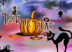 Halloween, Napis, Trick or Treat, Dynia, Kot, Grafika