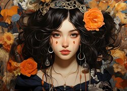 Czarnowłosa kobieta i pomarańczowe kwiaty