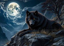 Czarny, Wilk, Skała, Niebo, Chmury, Księżyc, Noc