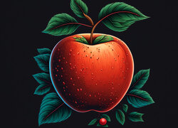 Czerwone jabłko i liście w grafice na czarnym tle