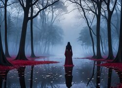 Krajobraz, Las, Drzewa, Liście, Mgła, Droga, Aleja, Woda, Dziewczyna, Odbicie, Cień, Grafika, Komputerowa