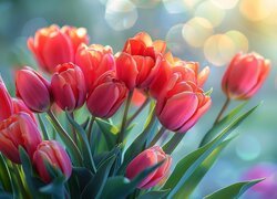 Czerwone tulipany na rozmytym kolorowym tle