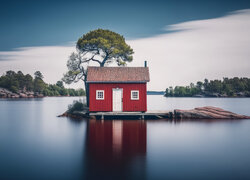 Czerwony domek z pomostem na środku jeziora