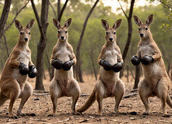 Cztery kangury w rękawicach bokserskich