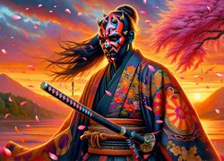 Darth Maul, Samuraj, Kimono, Maska, Zachód słońca, Góry, Drzewo, Grafika