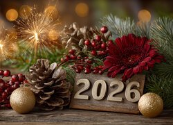 Nowy Rok, 2026, Bombki, Zimne ognie, Szyszka, Kwiat, Grafika AI