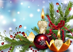 Dekoracyjny stroik świąteczny ze świeczkami i bombką
