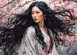 Długowłosa Azjatka w kimonie obok kwitnącego drzewa