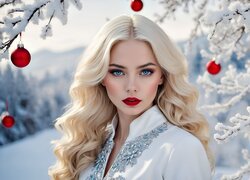 Kobieta, Blondynka, Czerwone, Bombki