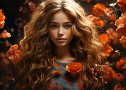 Długowłosa dziewczyna wśród pomarańczowych kwiatów