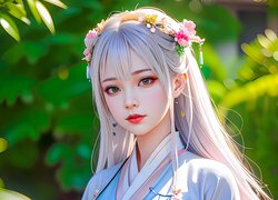 Dziewczyna, Białe, Włosy, Kwiaty, Kimono, Rośliny, Anime