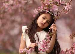 Dziewczynka, Gałązka, Kwiaty, Drzewo owocowe