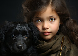 Długowłosa dziewczynka z czarnym psem
