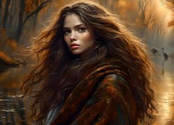 Jesień, Kobieta, Rzeka, Drzewa