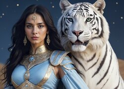 Dziewczyna, Niebieska, Sukienka, Biżuteria, Biały, Tygrys
