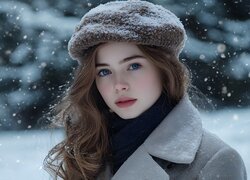 Kobieta, Długowłosa, Szatynka, Ośnieżona, Czapka, Szal, Płaszcz