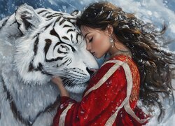Długowłosa, Dziewczyna, Szatynka, Biały, Tygrys