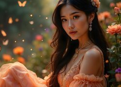 Kobieta, Szatynka, Długie, Włosy, Biżuteria, Naszyjnik, Motyle, Kwiaty, AI