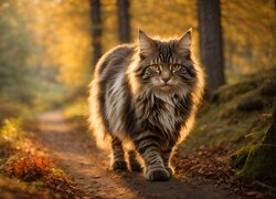 Długowłosy kot na ścieżce w jesiennym lesie