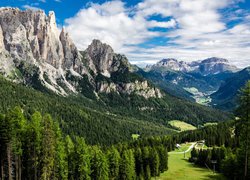 Włochy, Prowincja Trydent, Góry, Alpy, Dolomity, Dolina, Val di Fassa, Lasy, Domy