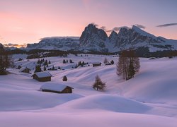 Włochy, Płaskowyż Seiser Alm, Dolina Val Gardena, Dolomity, Góry Sassolungo, Drewniane, Domki, Drzewa, Mgła, Zima