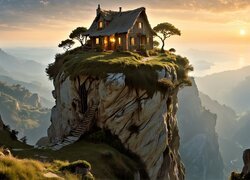 Dom na skale nad doliną w słonecznym blasku