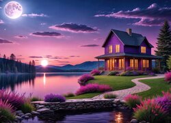 Dom nad jeziorem w blasku księżyca