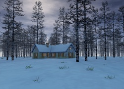 Dom w zimowym lesie o zmierzchu
