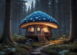 Domek w kształcie grzyba w lesie