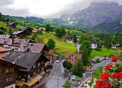 Domy i droga z widokiem na góry we wsi Grindelwald w Szwajcarii