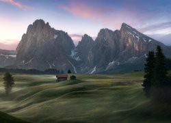 Płaskowyż Seiser Alm, Dolina Val Gardena, Dolomity, Góry Sassolungo, Domki, Drzewa, Chmury, Włochy