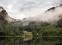 Domy w zamglonym lesie nad jeziorem w okręgu Buskerud w Norwegii