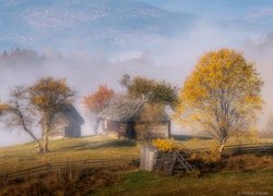 Jesień, Wieś, Drewniane, Domy, Drzewa, Mgła, Góry