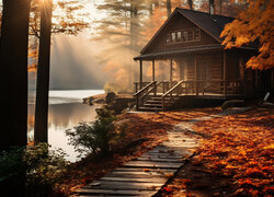 Drewniany dom na brzegu jeziora w jesiennym lesie