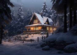 Drewniany ośnieżony dom w zimowym lesie