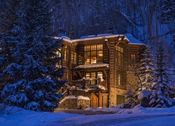 Drewniany oświetlony dom w zimowym lesie nocą