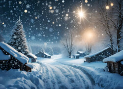 Droga zasypana śniegiem i domy w zaspach