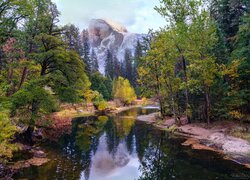 Stany Zjednoczone, Kalifornia, Park Narodowy Yosemite, Góry, Szczyt, Half Dome, Rzeka, Merced River, Drzewa