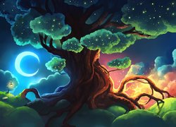 Drzewo, Gwiazdy, Księżyc, Chmura, Korzenie, Digital Art