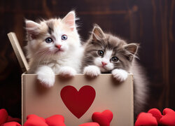 Dwa kotki w pudełku obok serduszek