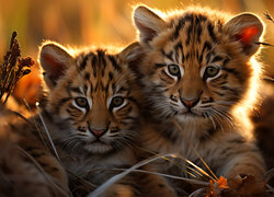 Dwa młode tygrysy w trawie