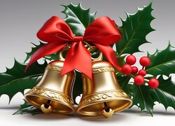 Świąteczne, Złote, Dzwonki, Gałazka, Ostrokrzew, Kokarda